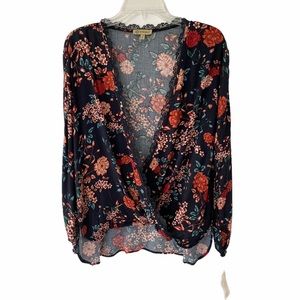 Democracy black Floral Print Wrap Blouse Top